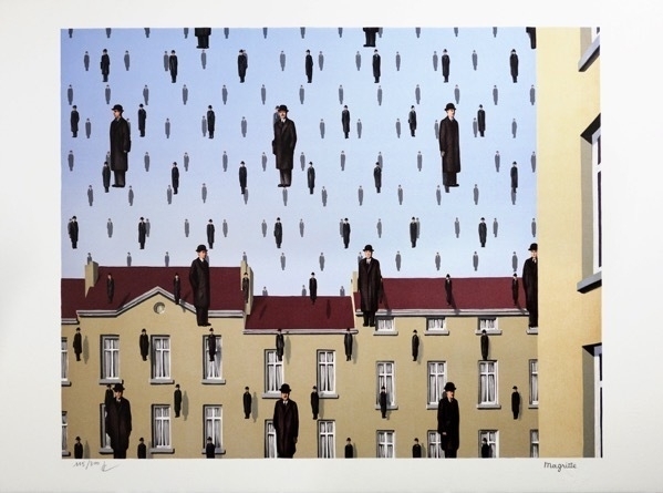 Golconda, oil on canvas painting by Magritte. depicts a scene of red-roofed buildings and a mostly blue partly cloudy sky, with the air filled by dozens of nearly identical men dressed in dark overcoats and bowler hats, generally facing the viewer. The men are positioned as if standing, and may be falling, rising, or stationary in mid-air; no movement or motion is implied